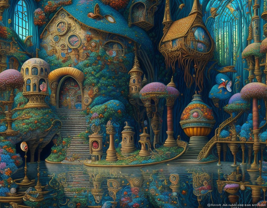 Whimsical underwater city with mushroom-like structures and aquatic flora