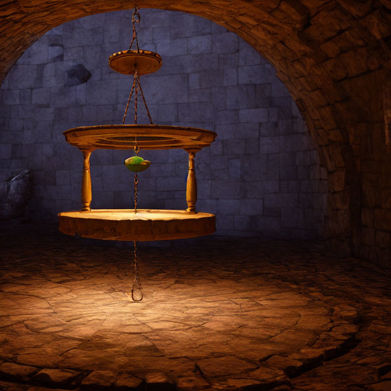 Wooden chandelier with green gem in dimly lit stone dungeon