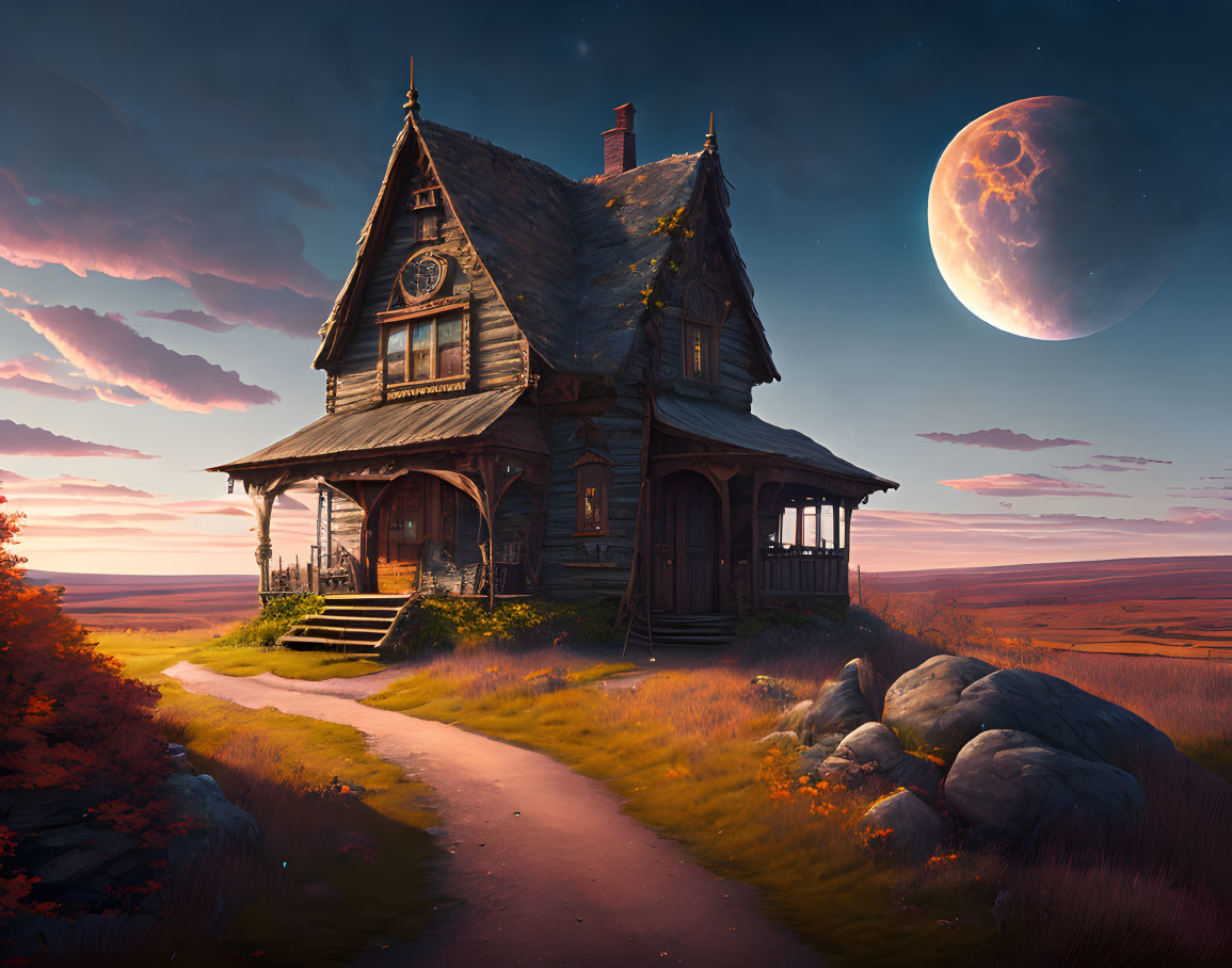 Wooden house with porch on grassy knoll under twilight sky with rising moon