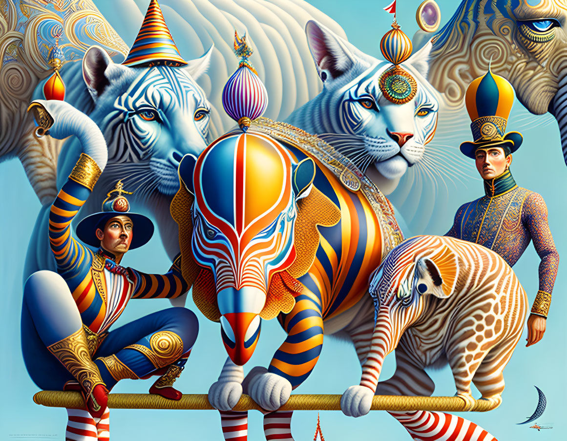 Vibrant Circus Illustration with Performers and Big Cats in Blue, White, and Orange Palette