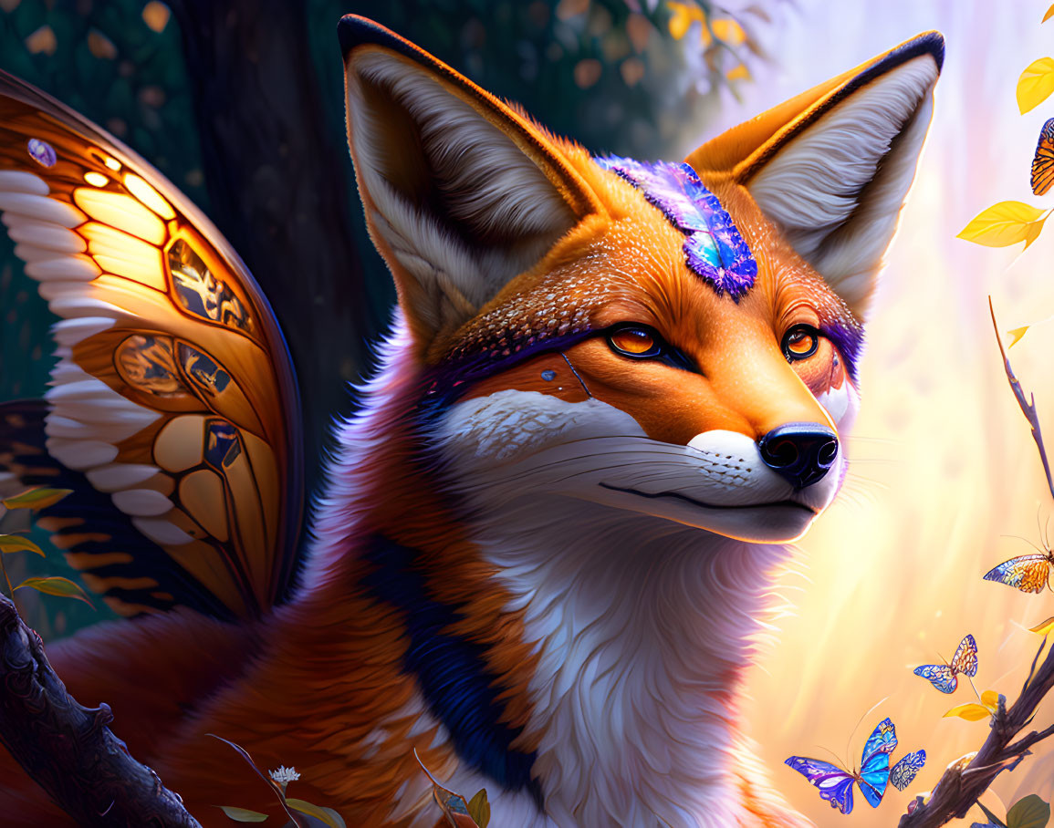 Vibrant fox with butterfly wings in autumnal forest scene