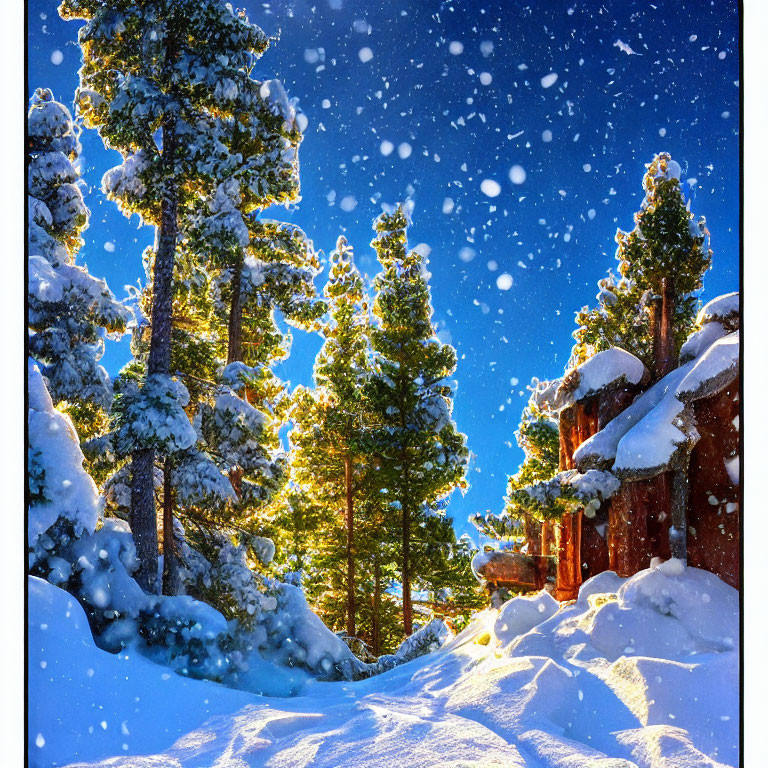 Snow-covered trees, clear sky, cozy cabin in winter scene