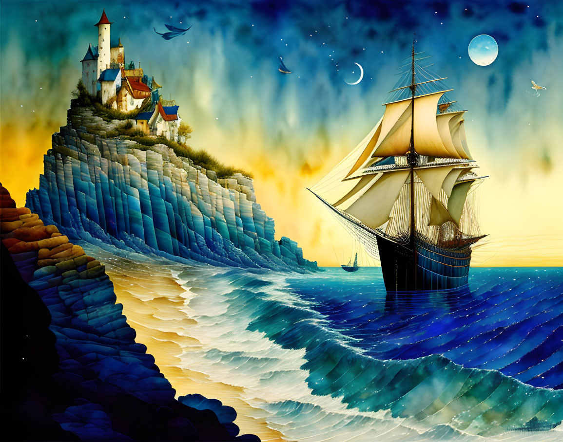 Nighttime seascape with tall ship, cliff, lighthouse, and starry sky