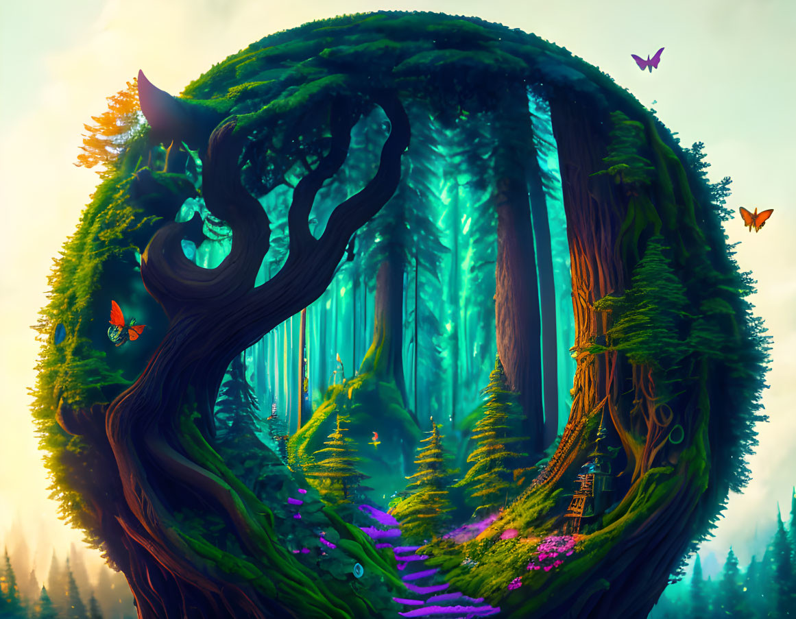 Enchanting forest scene with butterflies and warm glow