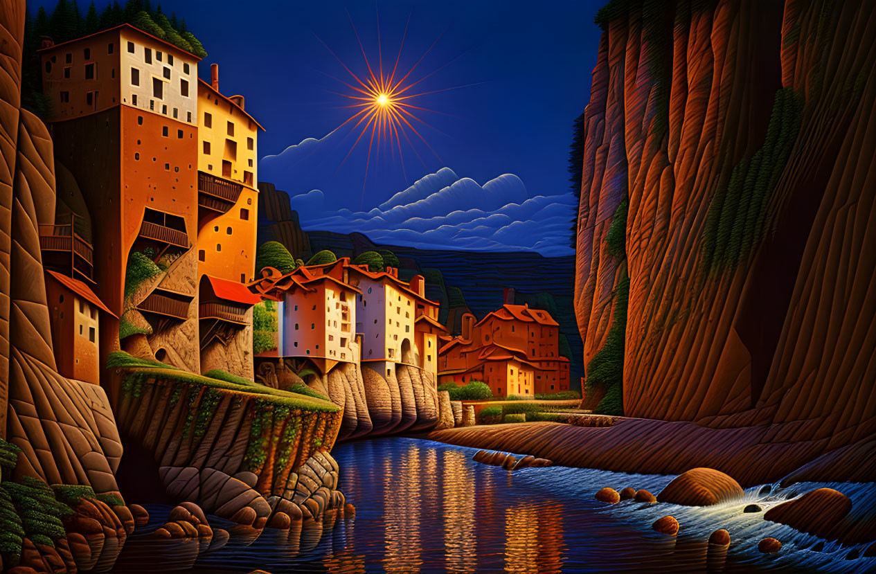 Colorful houses in surreal riverside village under starlit sky