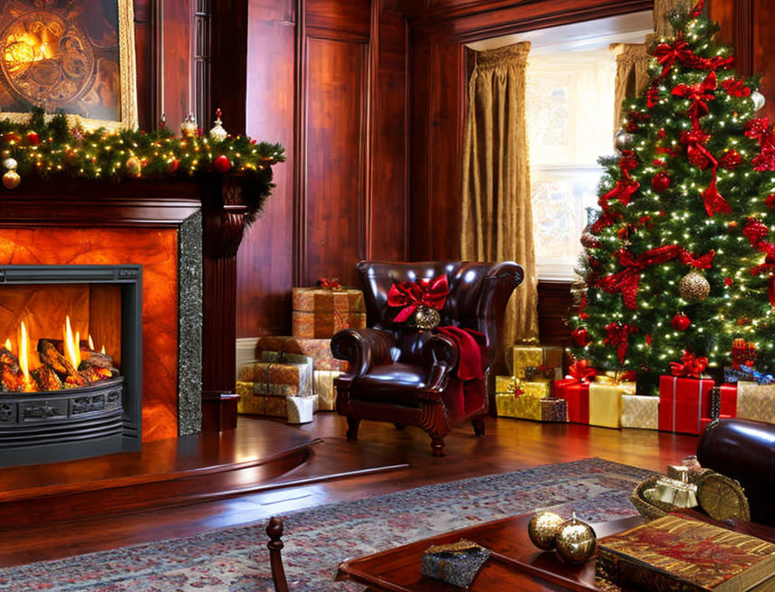 Festive Christmas room with decorated tree, gifts, fireplace, and leather armchair