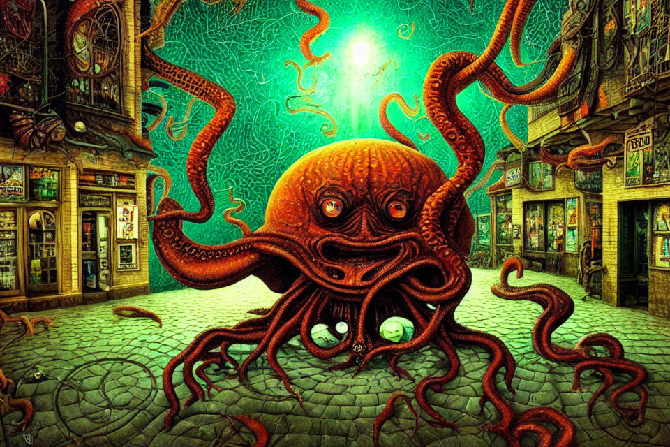 Colorful illustration: Giant orange octopus in vibrant street scene with clocks & surreal elements