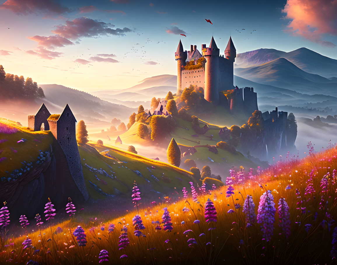 Majestic castle on hill in lavender field under sunset sky