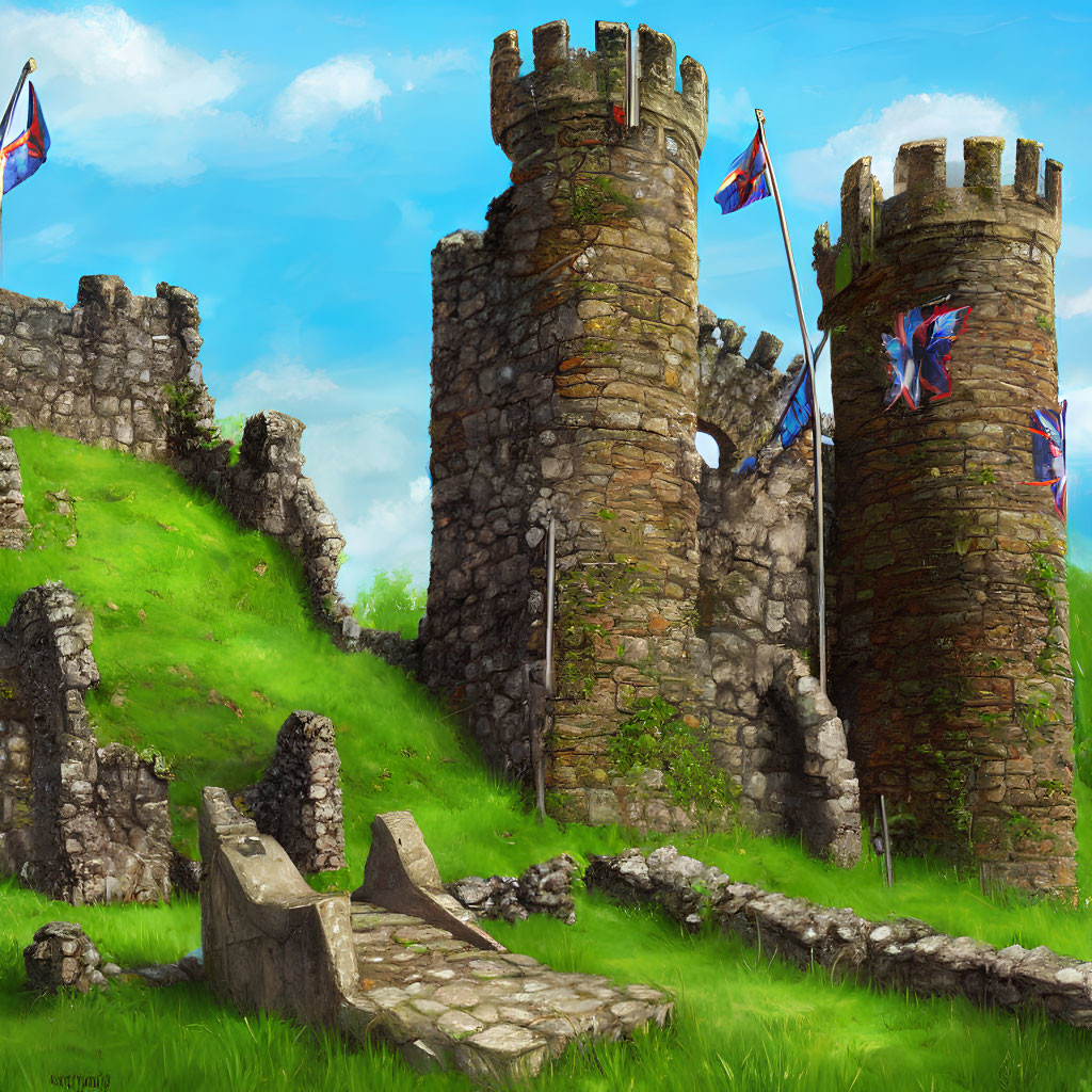 Digital painting of ancient stone castle with blue and red flags in lush green setting