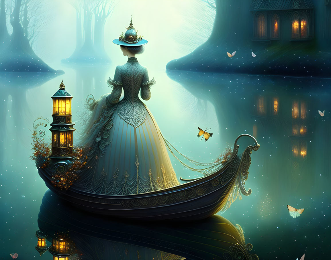 Victorian woman on ornate boat in serene blue lake with lanterns and butterflies