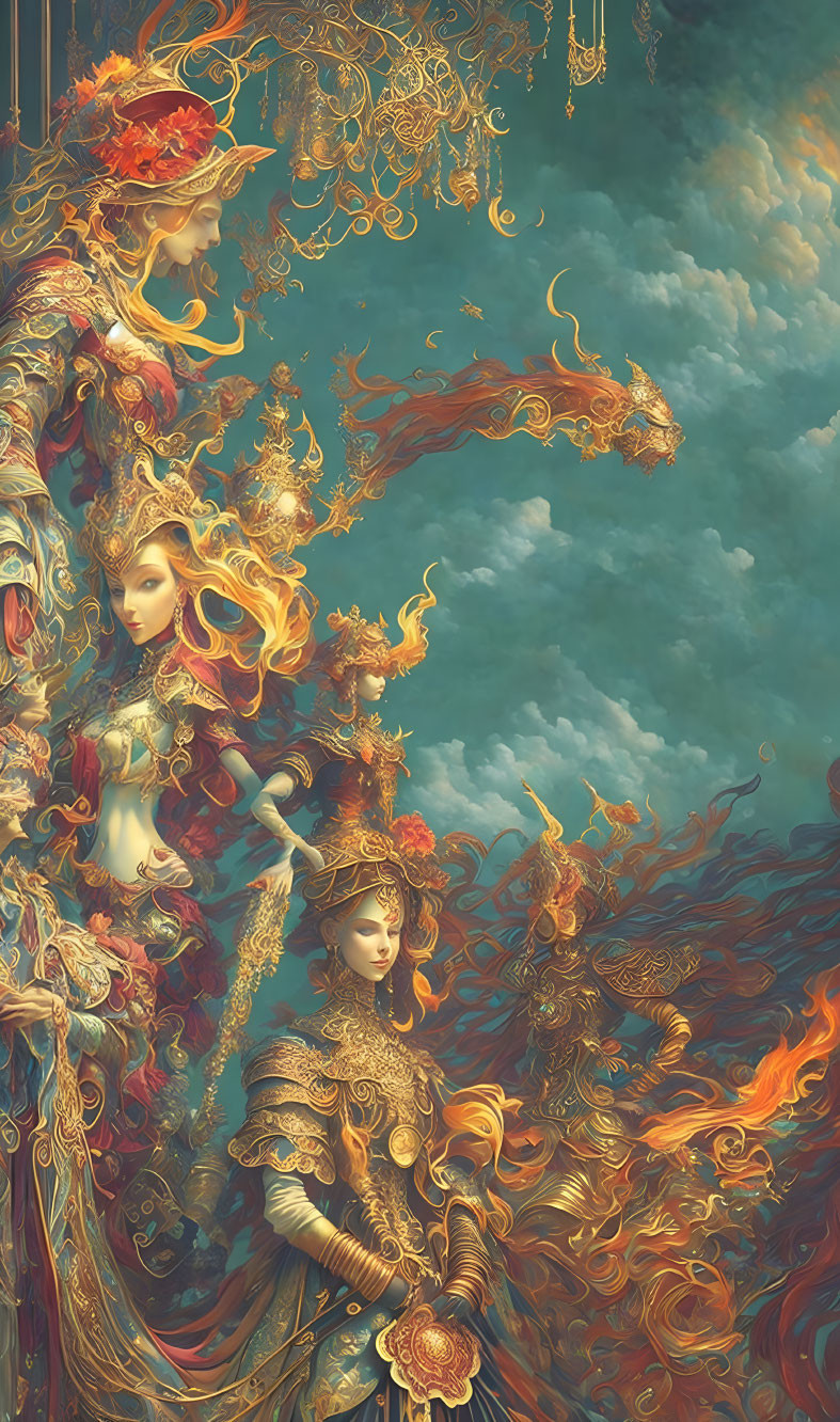 Three ornately dressed figures in fantastical setting with golden designs and swirling flames against cloudy turquoise sky