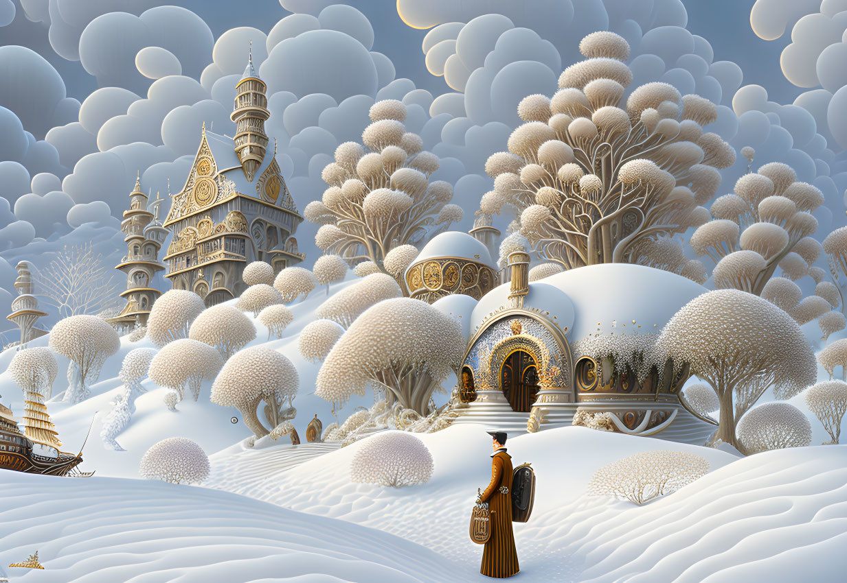 Surreal winter landscape with golden-robed figure and ornate buildings