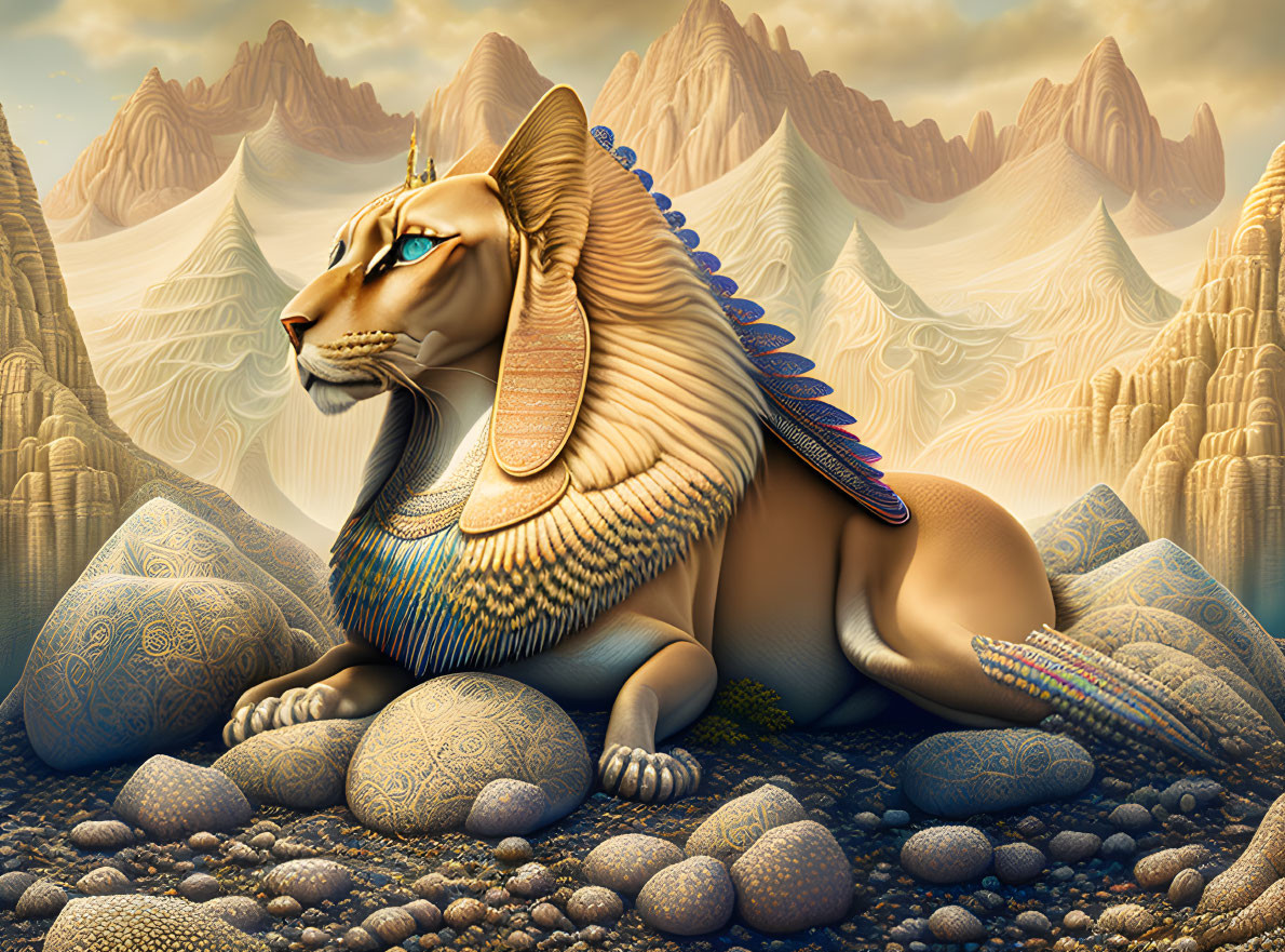 Mythical sphinx with human face and lion's body in surreal landscape