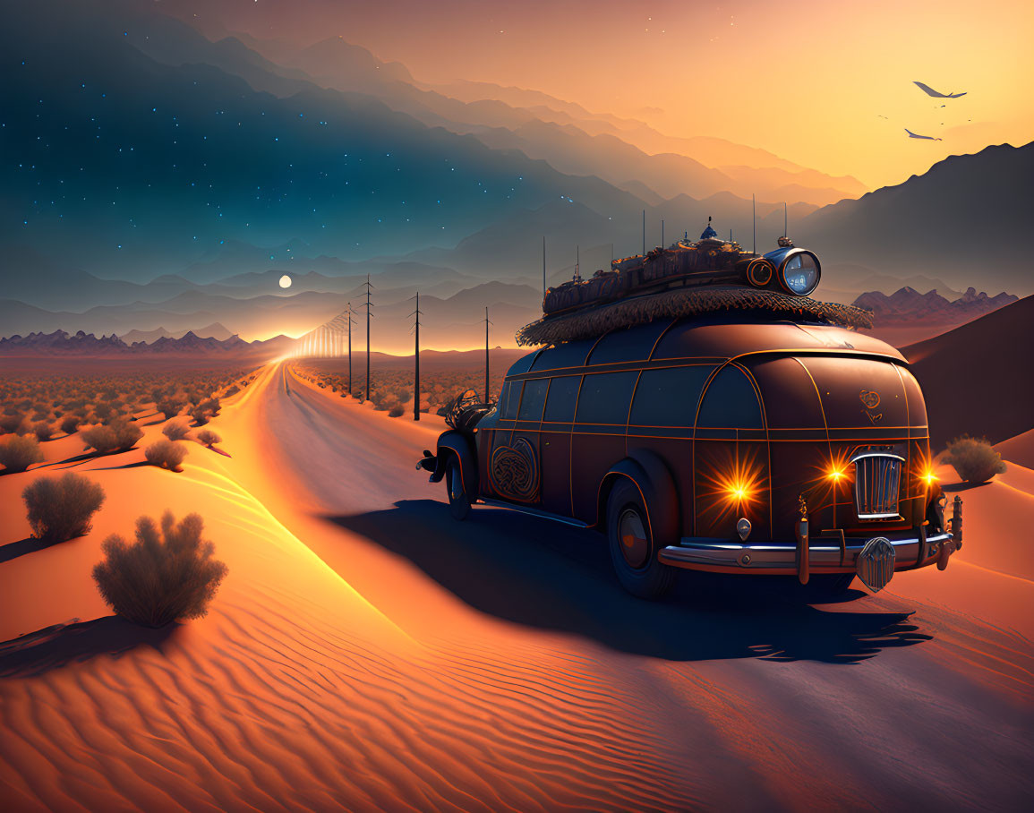 Vintage Bus with Rooftop Luggage Travels Desert Road at Twilight