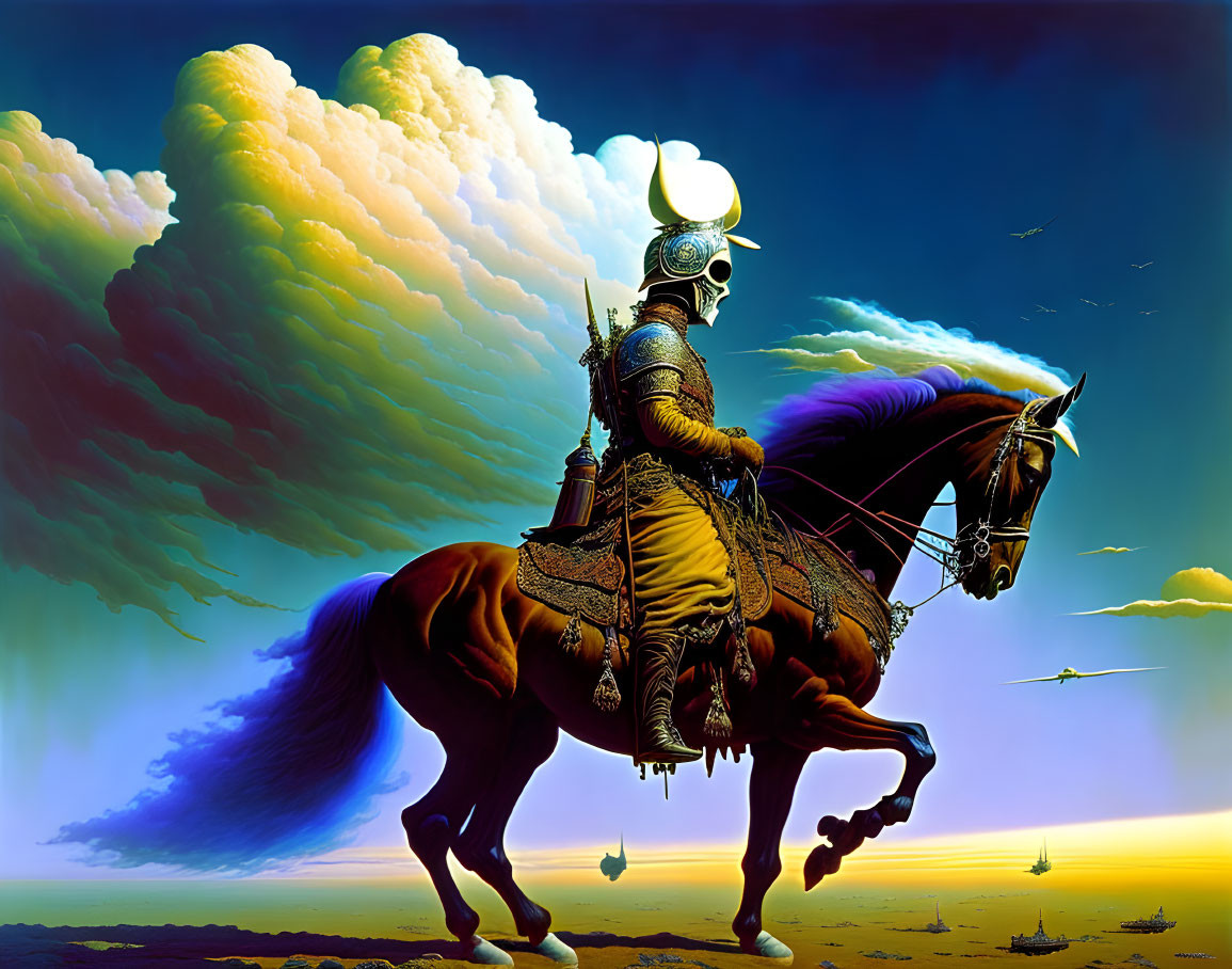 Knight in ornate armor on horse under dramatic sky with distant ships
