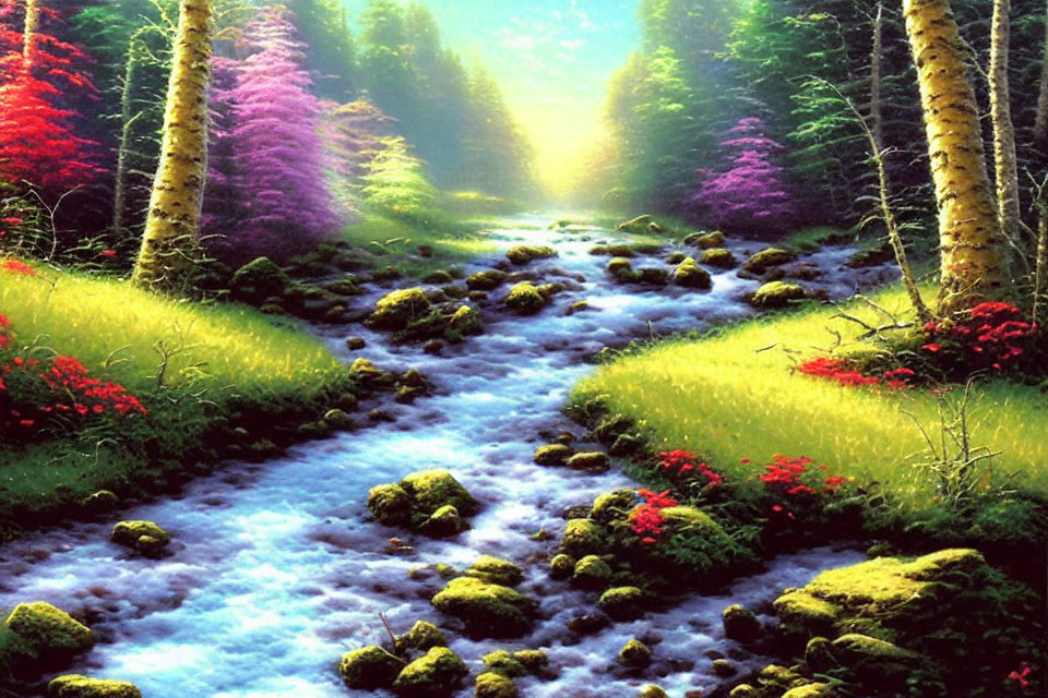 Lush forest stream with vibrant purple and green foliage