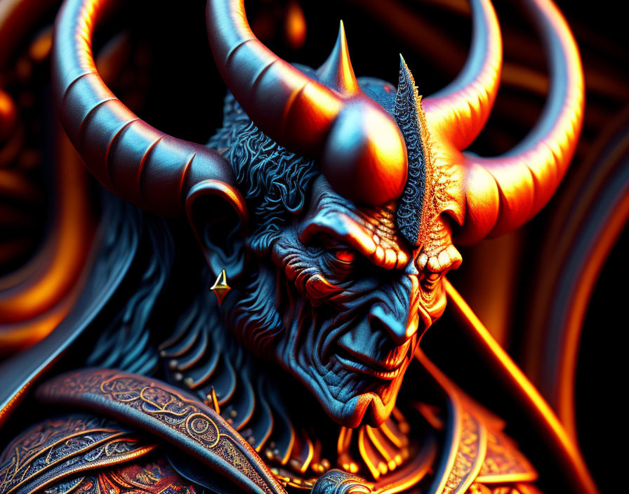 Detailed demonic creature with horns in blue, orange, and gold armor