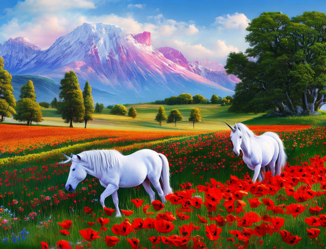 White Horses in Vibrant Red Poppy Field with Mountain and Trees