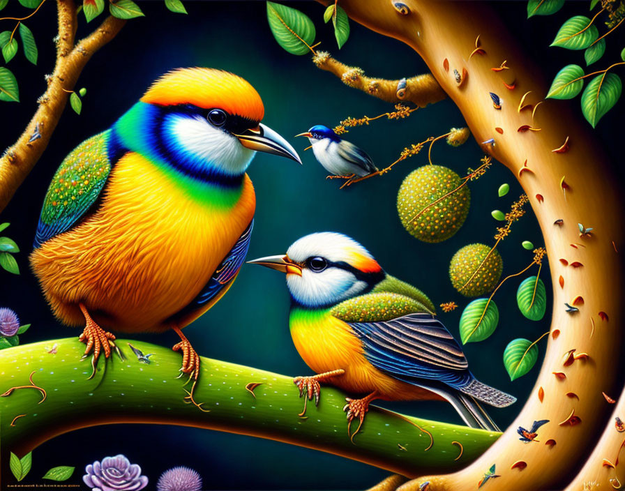 Colorful Birds Perched on Intricate Tree Branches with Exotic Fruit