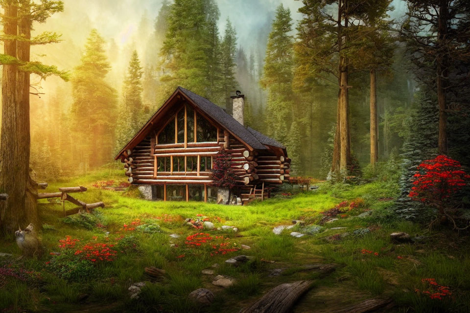 Rustic log cabin in forest clearing with red flowers, sun beams, and cozy chimney smoke.