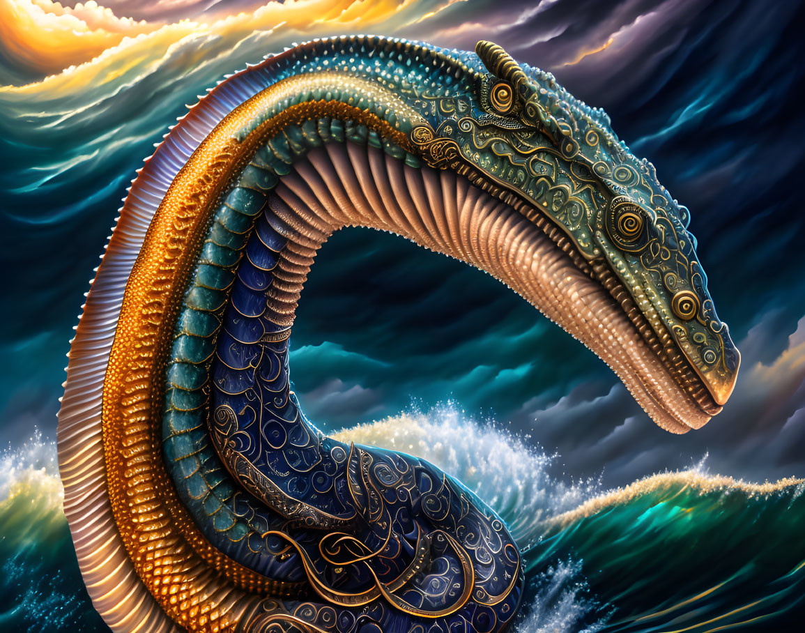 Mechanical sea serpent emerges from ocean waves under dramatic sky