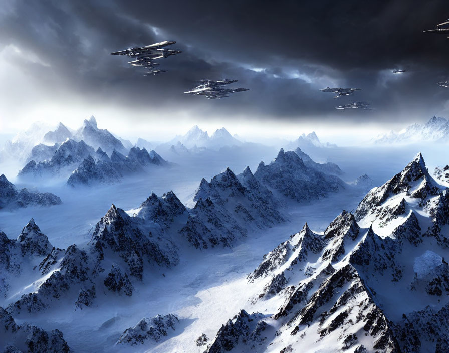 Snowy Mountain Landscape with Futuristic Flying Vehicles