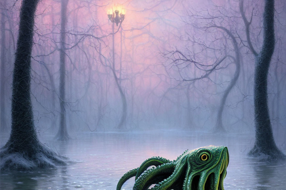 Foggy swamp scene with bare trees, glowing lamp post, and mysterious green tentacled creature