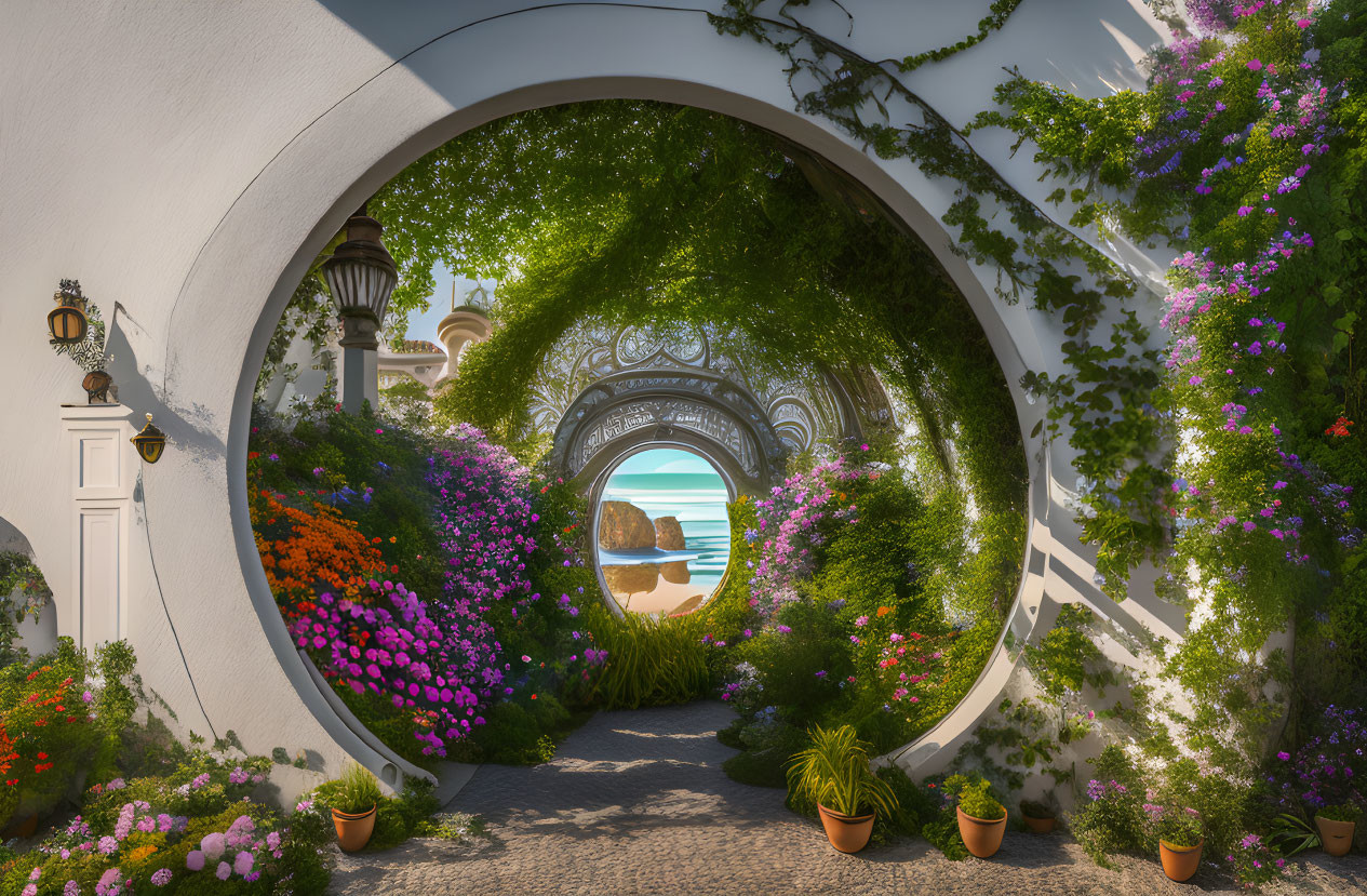 Scenic archway with lush greenery and ocean view