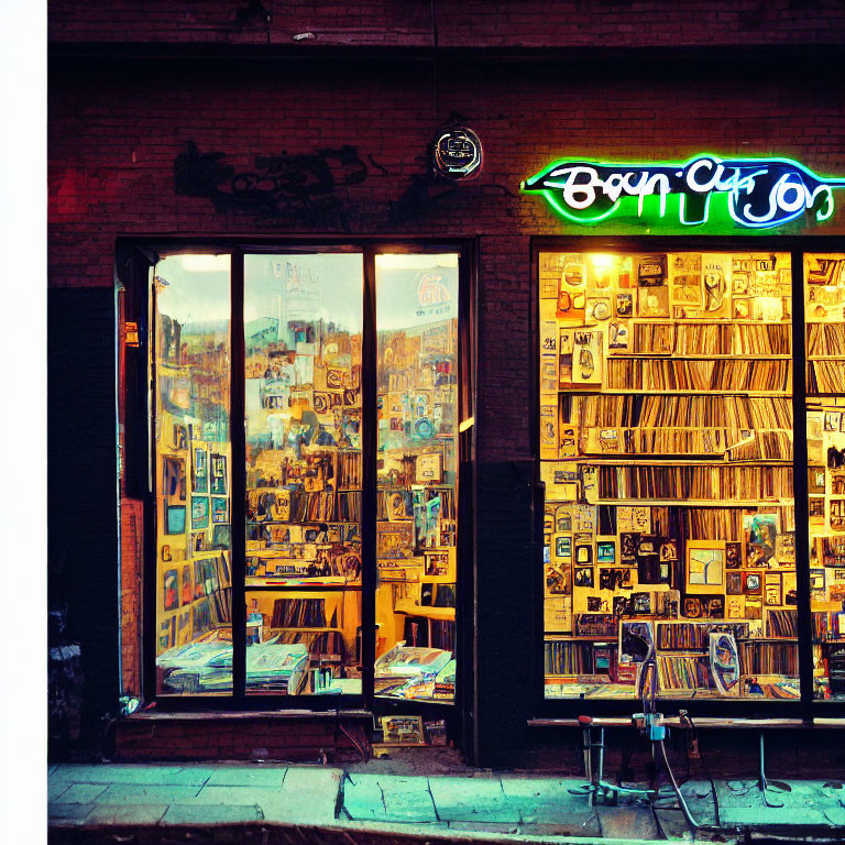 Vintage record store at dusk: warm lights, vinyl records, posters, music paraphernalia