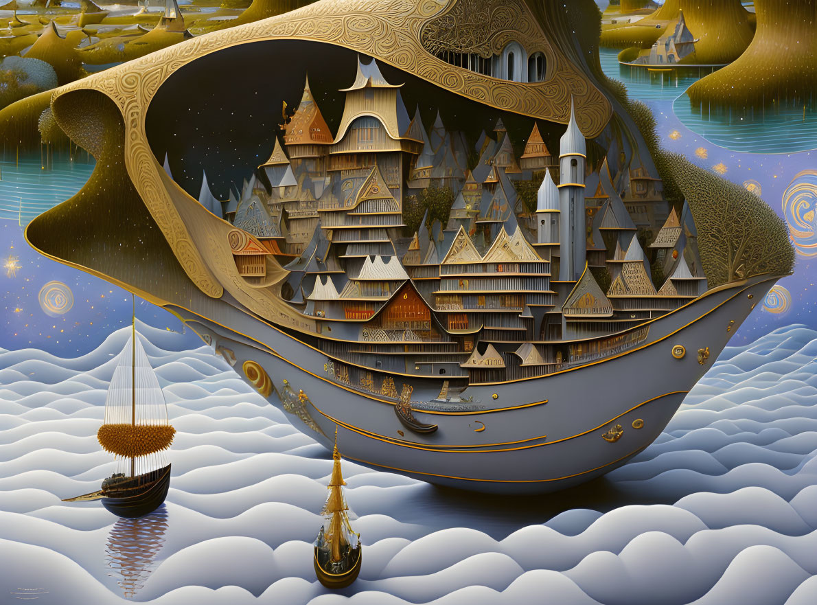 Whimsical ship painting with elaborate architecture sailing on stylized ocean