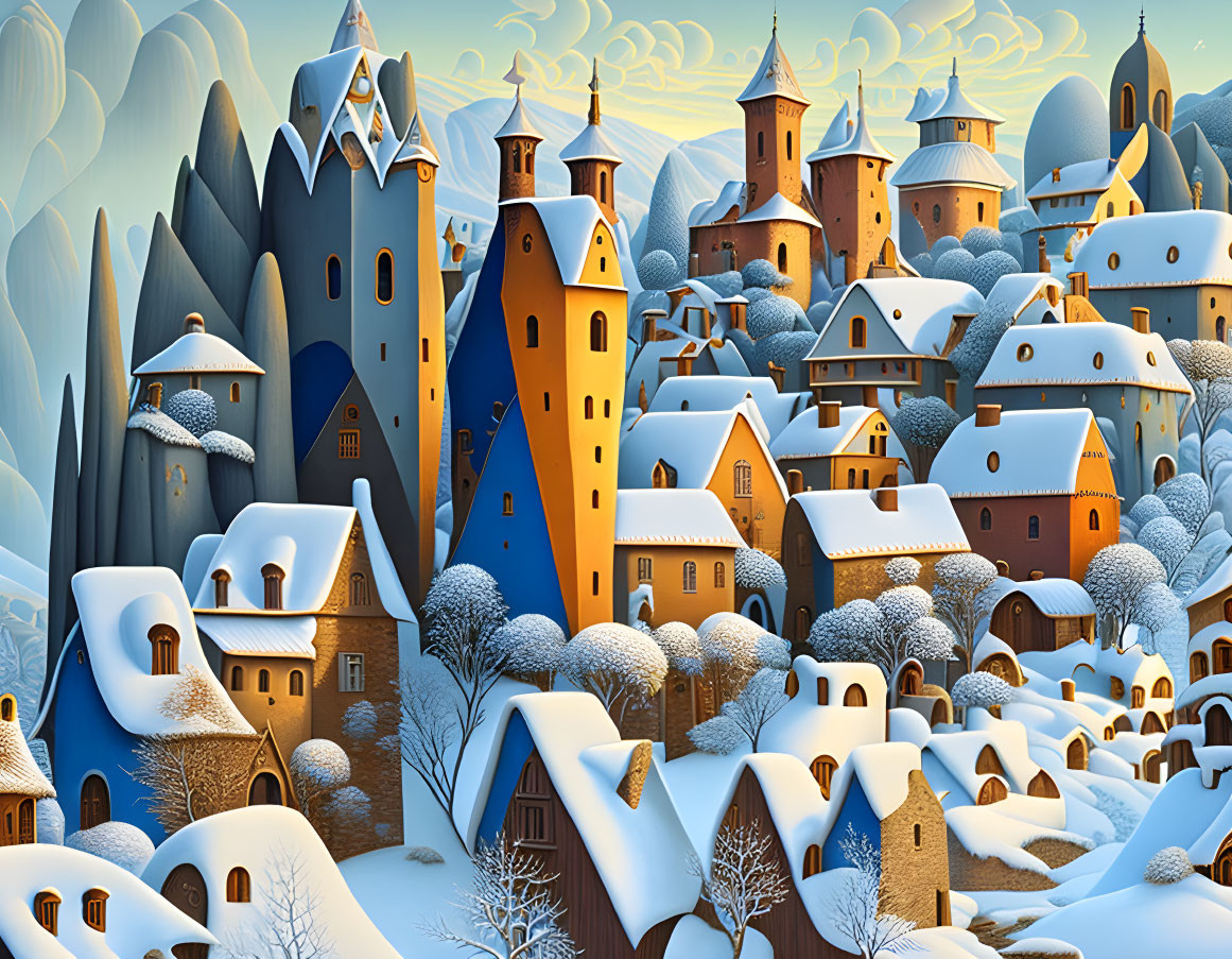 Snow-covered winter village nestled among rolling hills and castle-like buildings