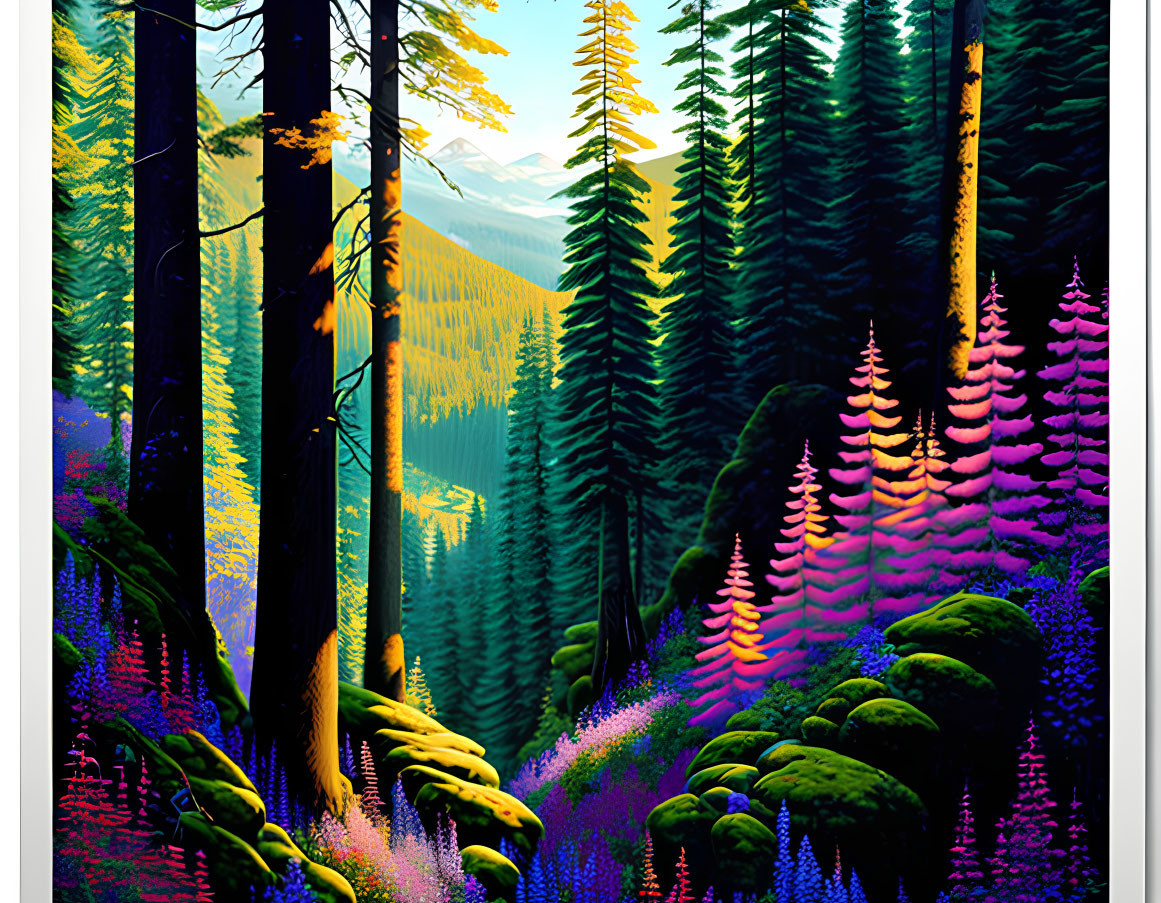 Colorful forest and mountain digital artwork with surreal purple, blue, and orange hues