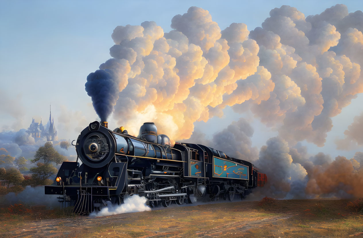 Vintage steam locomotive on tracks with billowing smoke near castle under cloudy sky