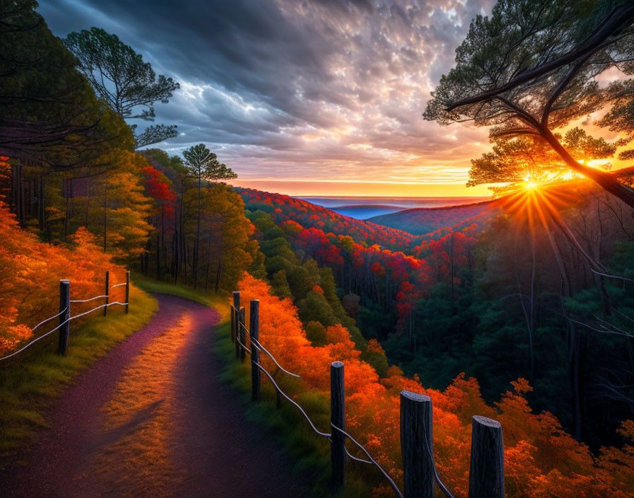 Scenic autumn forest path at sunset with vibrant foliage