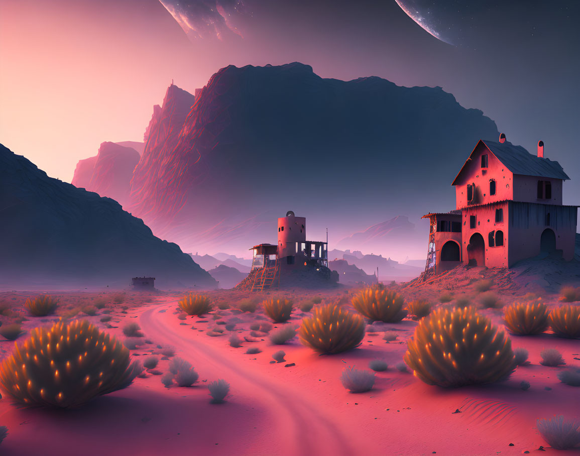 Surreal desert landscape with spiky plants, winding path, and old-fashioned house under alien