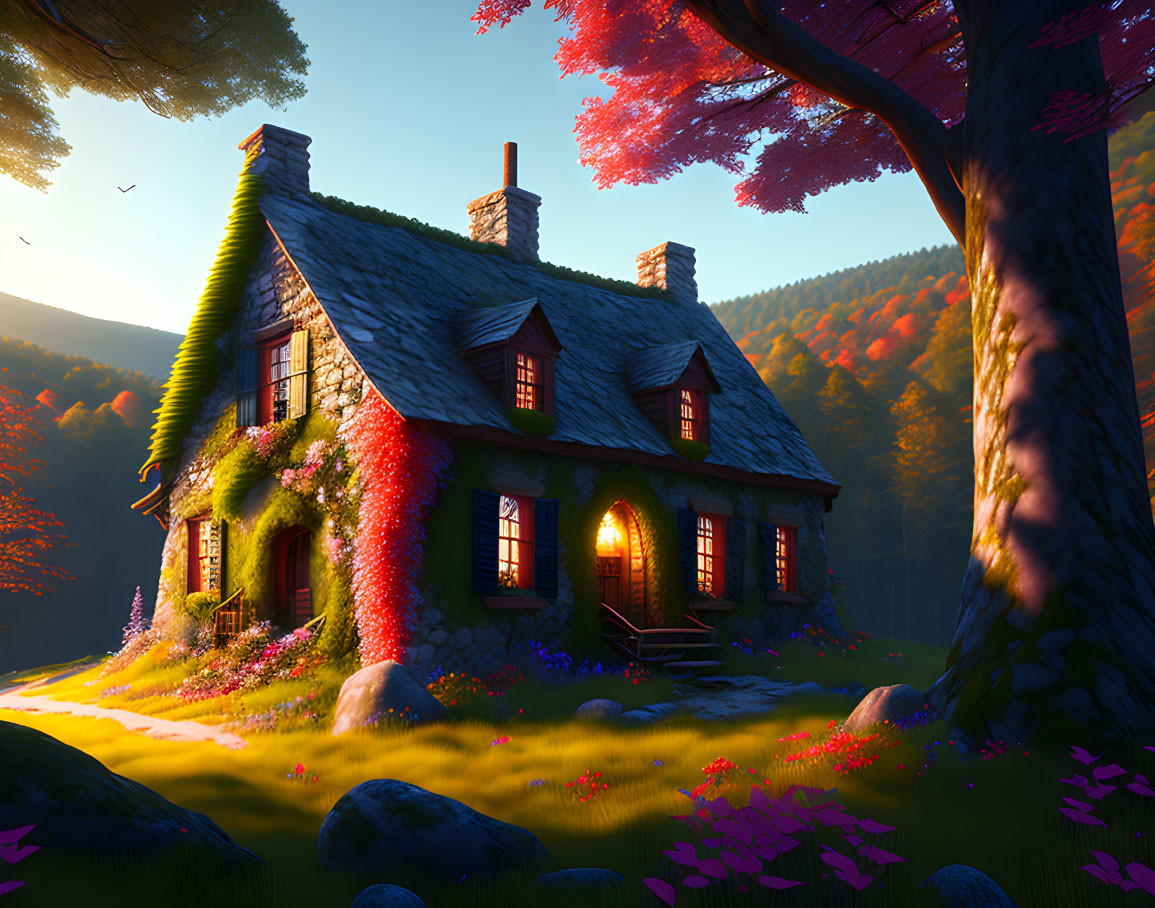 Autumnal trees embrace cozy cottage with ivy and warm glow.