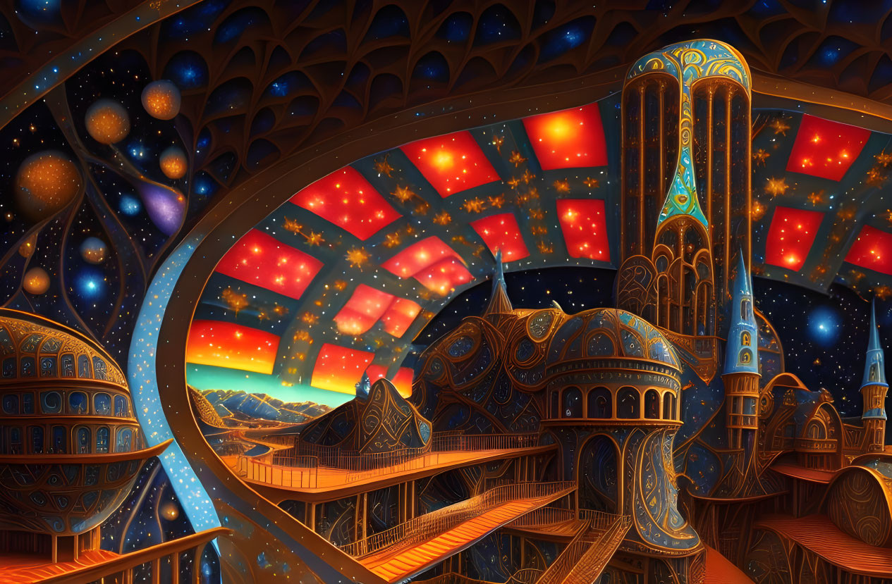 Fantastical cityscape with domed structures and starry night sky