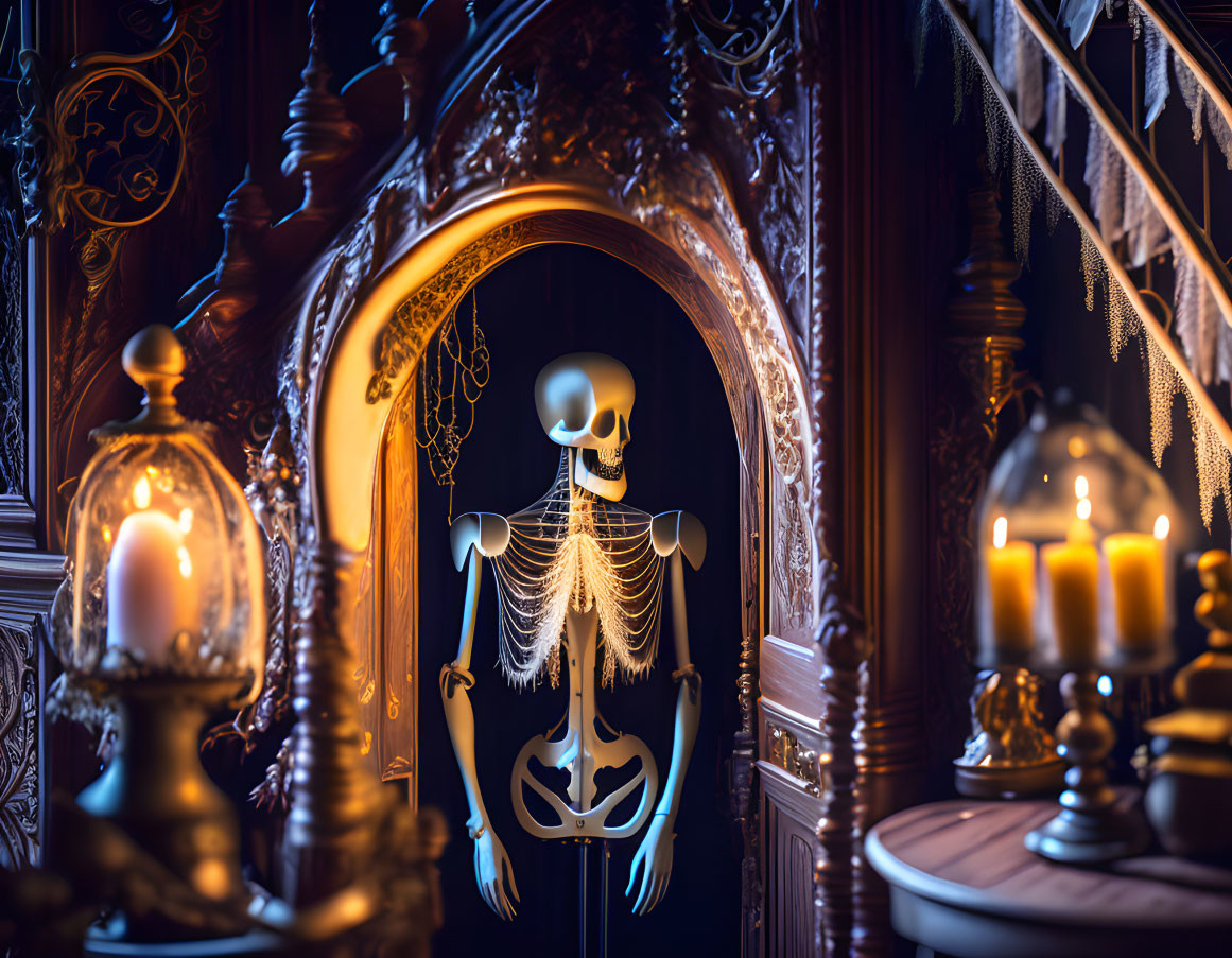 Gothic-themed room with skeleton, mirror, candles & intricate woodwork