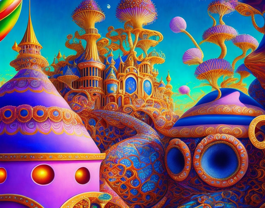 Colorful fantasy landscape with whimsical architecture and mushroom-like structures.