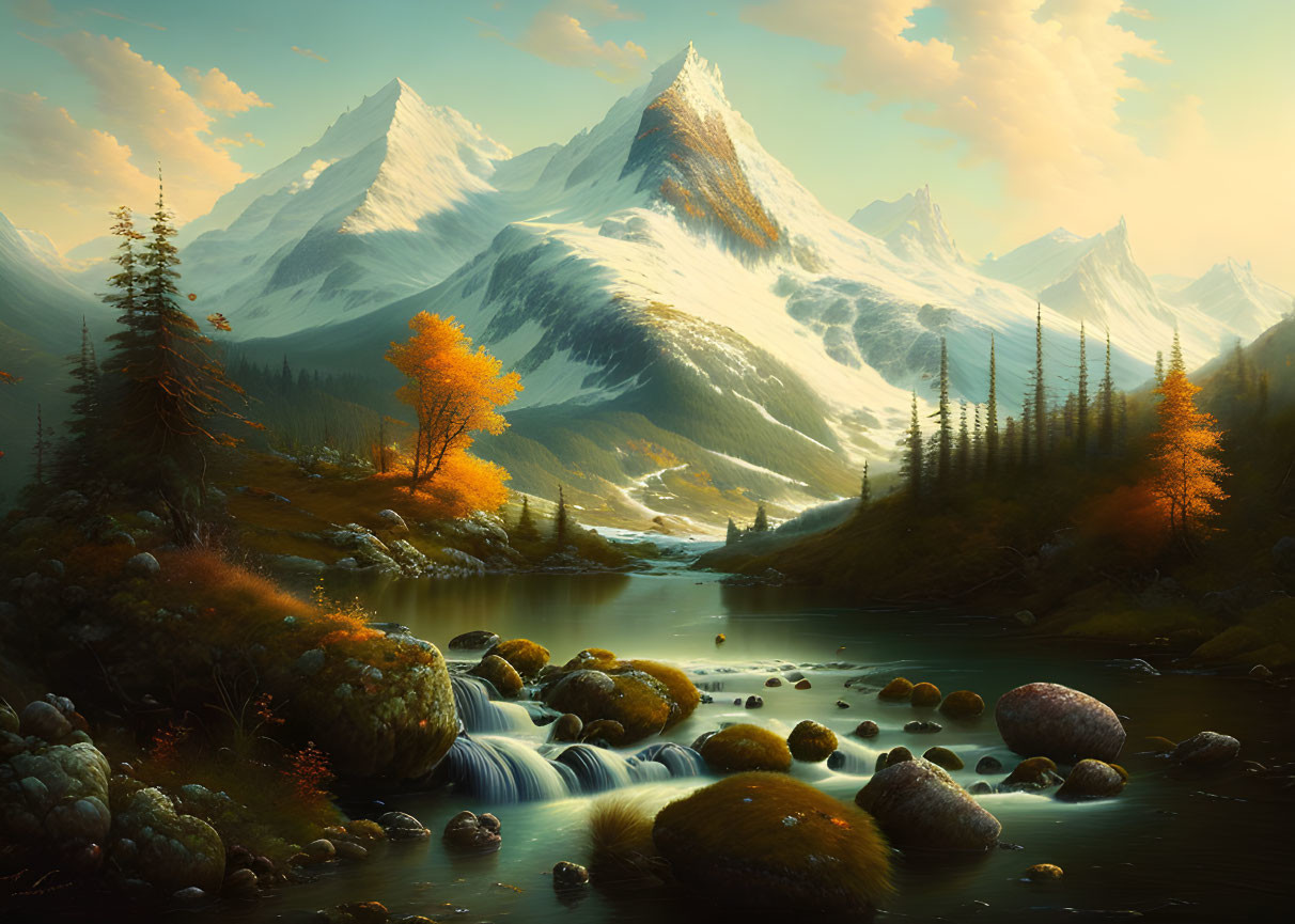 Scenic landscape: river, mountains, autumn trees in warm light