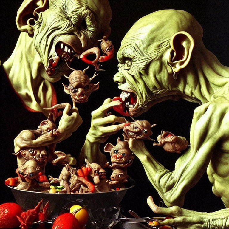 Three grotesque goblin-like creatures with small creatures and candy bowl