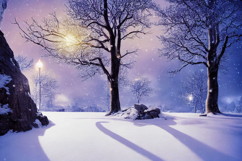 Snow-covered park at night: illuminated lamp posts, bare trees, falling snowflakes under glowing sky