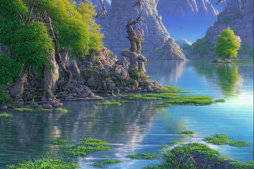 Tranquil lake in lush landscape with cliffs and trees