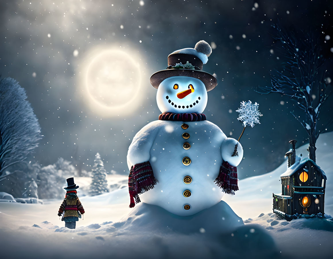Snowman with top hat and snowflake in snowy night landscape
