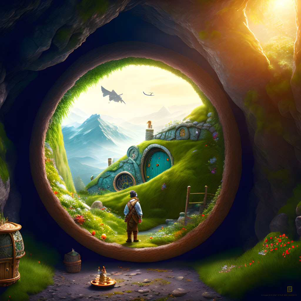 Child at entrance of whimsical cave gazes at fantastical landscape with embedded house, mountains, flying