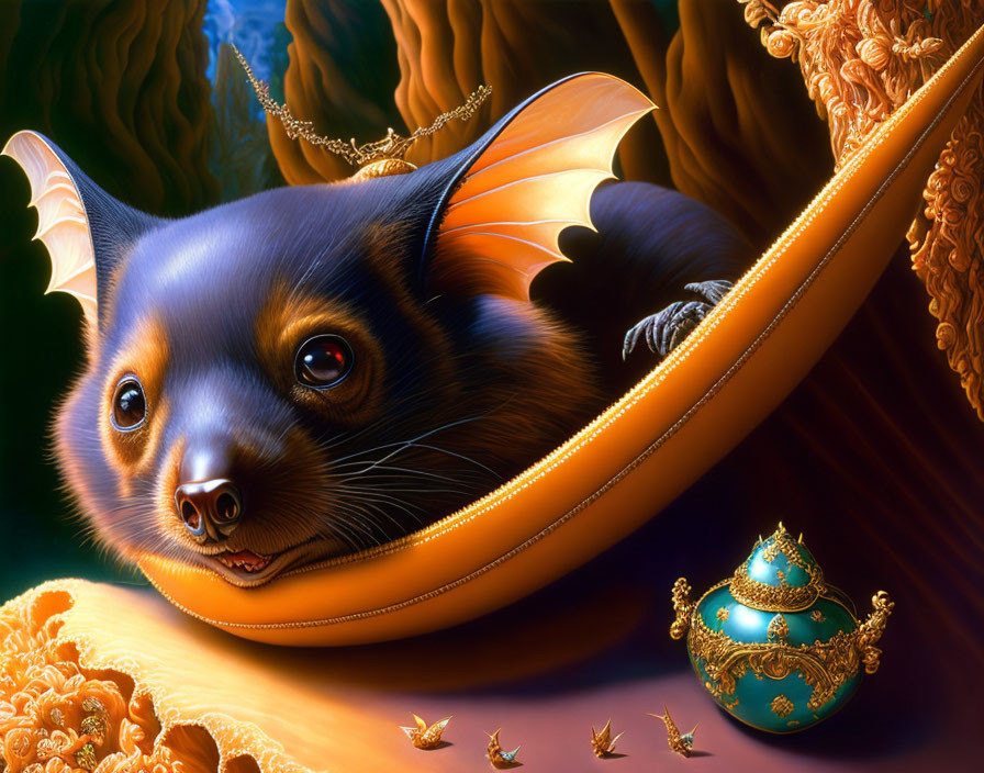 Hyper-realistic bat in golden hammock with jeweled egg - fantastical illustration