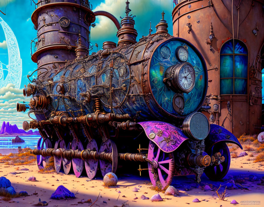 Intricate steampunk-style train in desert landscape with alien-like flora