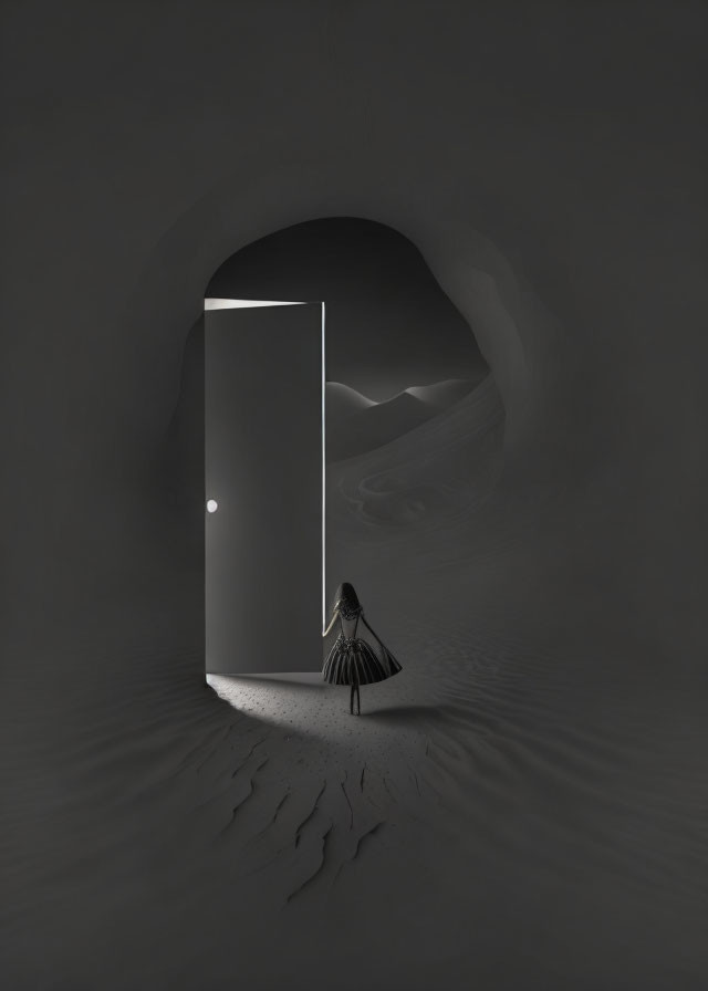 Solitary Figure Before Illuminated Door in Dark Space