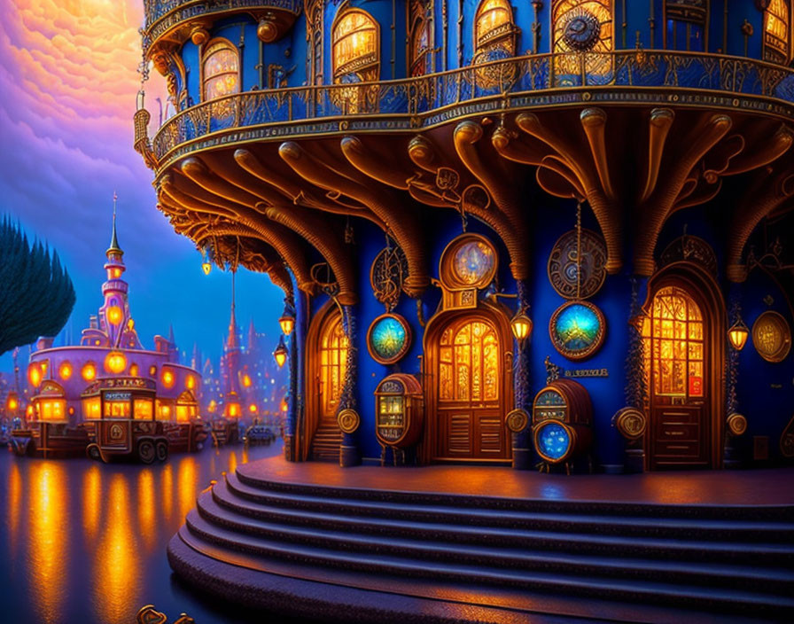 Fantasy building with ornate architecture reflected in tranquil water