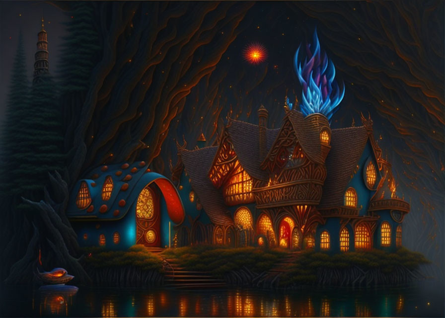 Enchanted night scene with blue-flamed cottage, mushroom house, and starlit sky